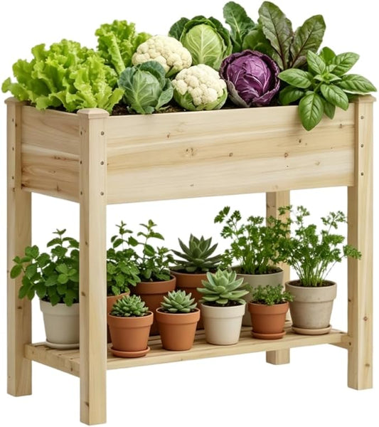 Wooden Raised Garden Bed with Legs, Wood Raised Garden Bed with Storage Shelf, 34x18x30.7in, Elevated Planter Box for Vegetables Flowers Herbs, Garden Planter for Backyard Patio Balcony (Natural, S)