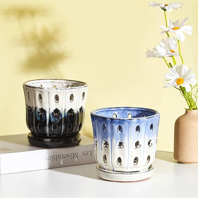 Orchid Pots with Holes Attached Saucers 5 Inches - 2 Pcs Small Ceramic Pots for Repotting, Decorative Ceramic Orchid Planter with Hole for Healthy Root Growth Mixed Color