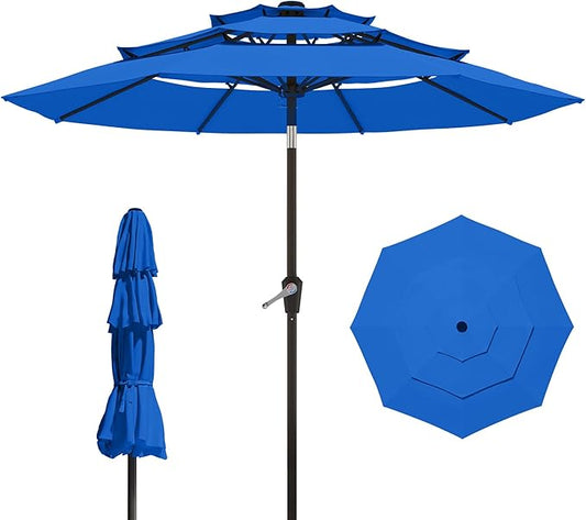9FT 3 Tiers Patio Umbrella With Auto Tilt And Crank, Outdoor Table Market Umbrella with 8 Sturdy Ribs for Garden, Lawn, Deck, Backyard and Pool