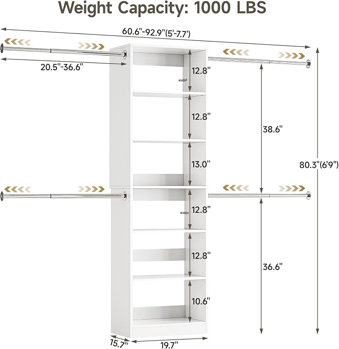 ONBRILL W1 3.5FT-7.7FT Closet System with 4 Chrome-Plated Telescopic Rods