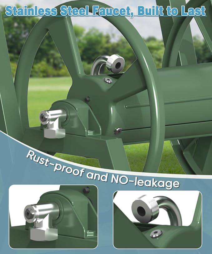 Artigarden Garden Hose Reel Cart with Wheels, Holds 165 ft of 5/8’’ Hose Outdoor Heavy Duty Powder-coated Steel Water Storage Winder Holder with 3.9 Ft Leader Hose for Outside Lawn Yard, Green