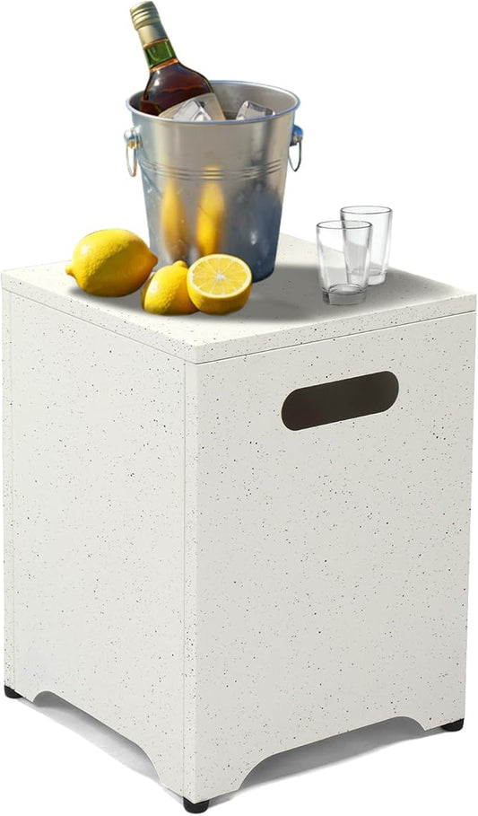 Outvita Outdoor Propane Tank Cover Table, 16in Propane Tank Storage Box with Carry Handle, Powder-Coated Steel, Multi - Use as Side Table for Patio, Garden & Living Room,16*16*21inch, marble color