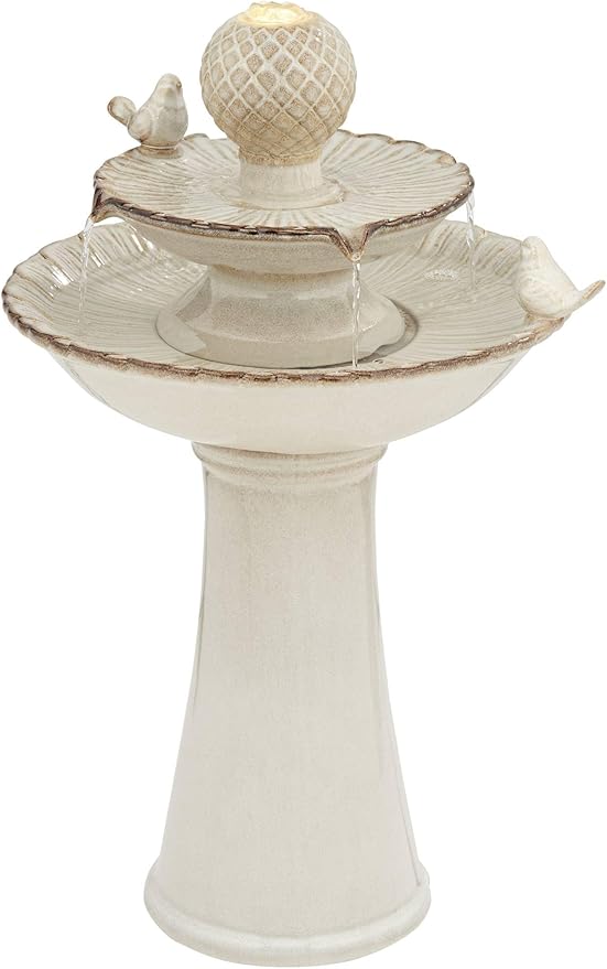 Bathing Bird 26 3/4" High Large Italian Outdoor Cottage Core Decor Cream Ceramic Floor Fountain with Light LED Waterfall 2-Tier Standing Basin Water Feature for Outside Garden Patio - John Timberland