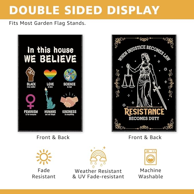 In This House We Believe Fight Against Unfairness With The Law Garden Flag, Double Sided Yard Outdoor Farmhouse Lawn Porch Banner, LGBTQ BLM Ally Empowerment Gifts for Woman Family Friend BFF