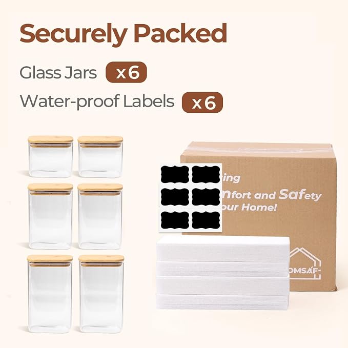 ComSaf Glass Pantry Storage Containers (0.7qt/1.2qt/1.6qt) Set of 6 Jars