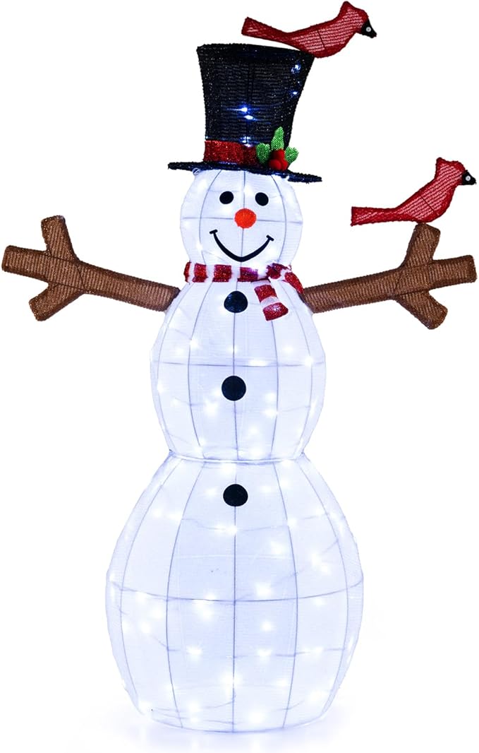 Tangkula 4.8 FT Christmas Lighted Snowman with Red Birds, Indoor Outdoor Pre-Lit Xmas Snowman with 120 LED Lights, Zip Ties & Ground Stakes, Snowman Holiday Decoration for Front Porch, Yard, Garden