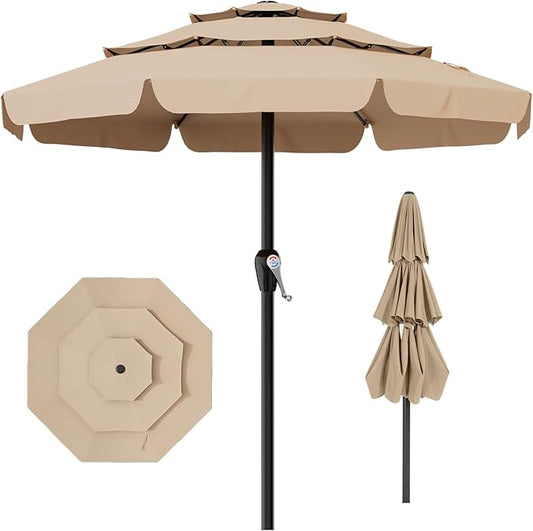 AreShark 12FT 3-Tiers Patio Umbrella with Valance, Outdoor with Crank, Large Outdoor Market Umbrellas Vented with 8 Sturdy Ribs, Patio Table Umbrellas for Garden, Deck, Backyard, Pool, Beige