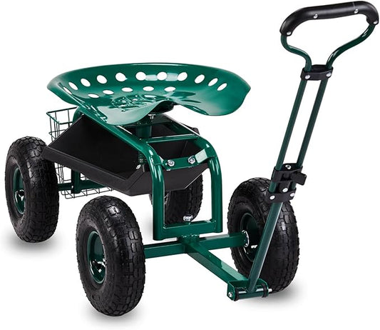 VINGLI Garden Cart with Rolling Seat, Wheels, Adjustable Steering Handle & Utility Tool Tray, Planting Wagon Scooter, Gardening Tool for Senior, for Patio, Backyard, Lawn & Outdoor (Green)