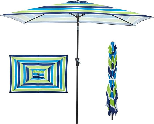 JEAREY 6.5x10 ft Rectangular Patio Umbrellas Rectangle Outdoor Umbrella with Push Button Tilt and Crank, Market Table Umbrella 6 Sturdy Ribs UV Protection for Poolside Garden Backyard Deck, Blue-Green Stripe