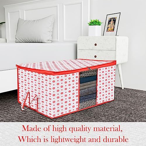 Kuber Industries Non-Woven Underbed Storage Bag|Clothes Storage Organizer|Blanket Cover With Clear Window|Zipper Closure&Handle Cloth Organizer|Dot-Design|Large|Pack Of 2|Red,32 Cm,48Cm