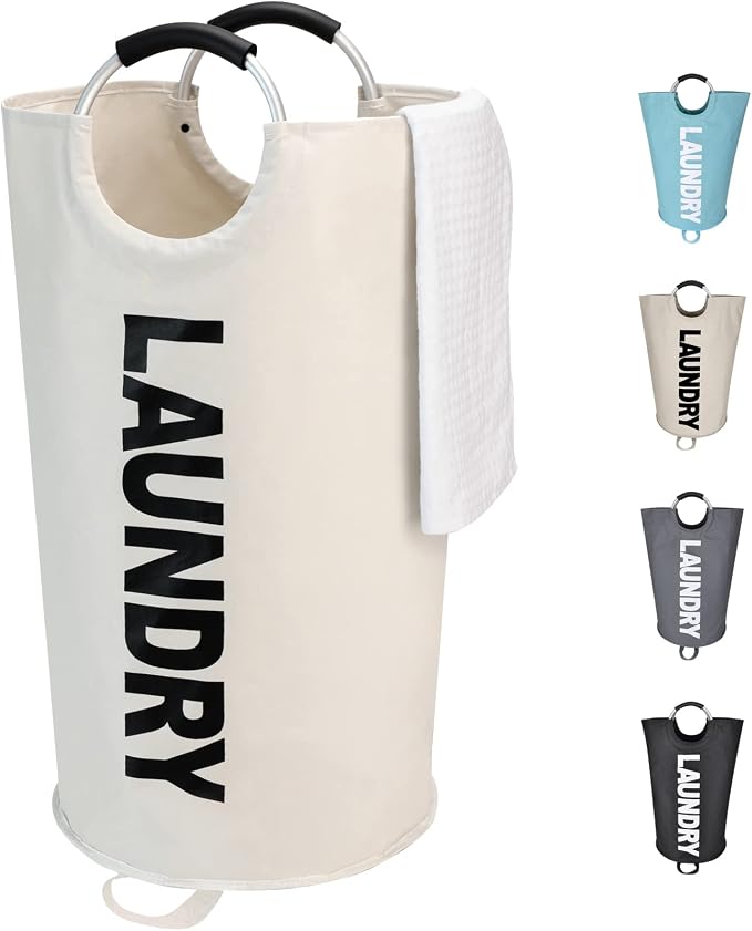 Maxsilan 90L Large Laundry Basket Bag, Collapsible Tall Hamper, Beige | Freestanding tall laundry bag & foldable washing basket. Large capacity clothes storage bin with durable sturdy handles