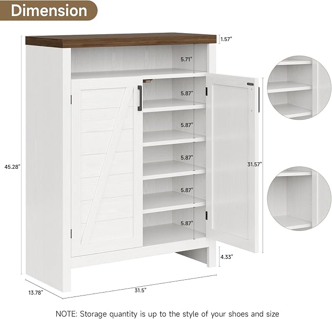 ONBRILL 6-Tier Shoe Cabinet with Doors,Farmhouse Shoe Storage Cabinet,White
