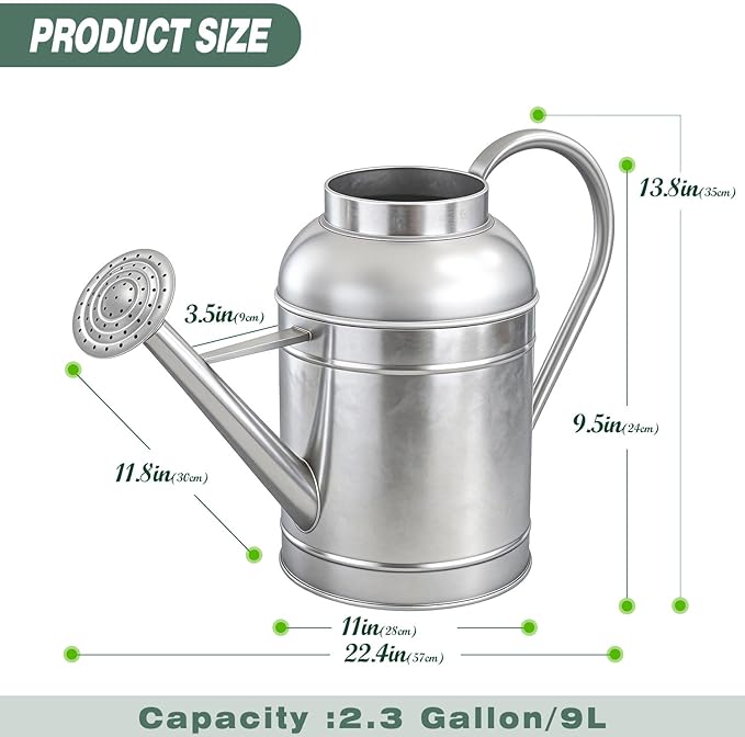 9L Metal Watering Can for Outdoor Garden, Galvanized Steel Large Watering Pot with Top Handle and Long Spout, Rust-Resistant Water Can for Flowers, Lawns, and Farm Use