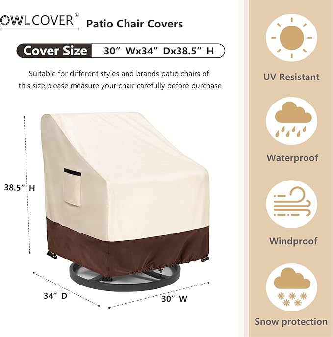 Patio Chair Covers 2 Pack, 30W x 34D x 38.5H inches, 600D Heavy Duty Waterproof Outdoor Furniture Cover, Patio Furniture Covers for Lawn/Garden Chiars, Beige & Brown