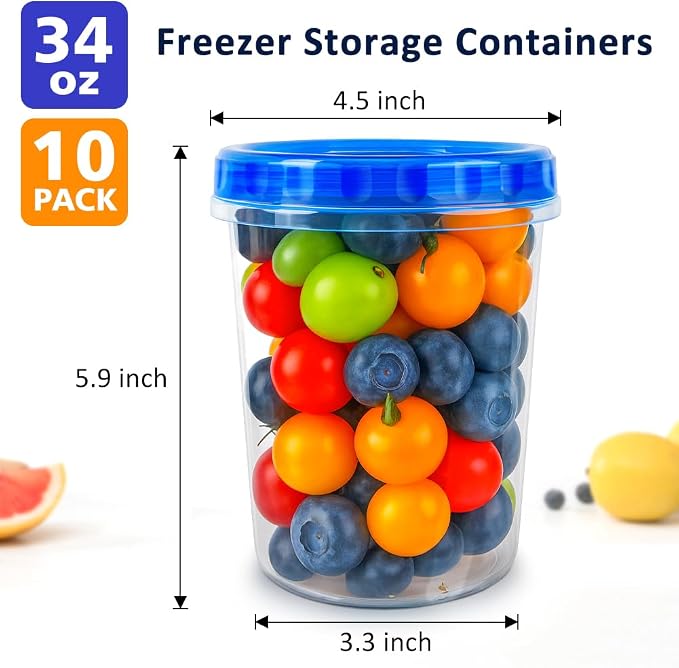 10 Pack 34oz Soup Freezer Storage Containers with Twist Lids for Meal Prep