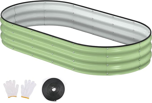 Raised Garden Bed, 6x3x1ft Galvanized Outdoor Planter Beds with Safety Edging and Gloves, Oval Metal Planter Box for Gardening Vegetables Flowers Herb-Green