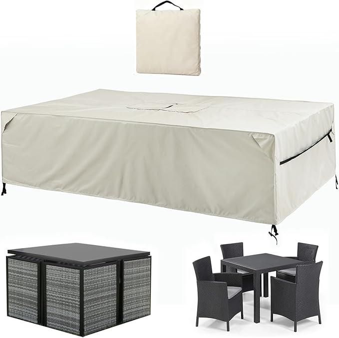 Patio Furniture Covers Waterproof - 420D Outdoor Table and Chair Set Cover with Built-in Storage Bag - Rectangular Patio Table Cover for 4-Seat Dining Set or Sectional Sofa - Beige