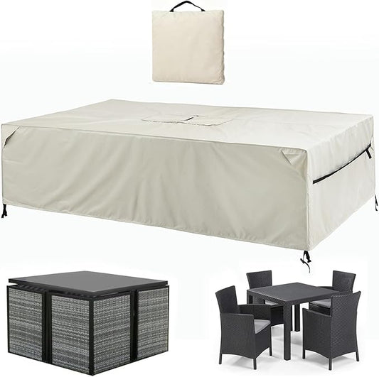 Patio Furniture Covers Waterproof - 420D Outdoor Table and Chair Set Cover with Built-in Storage Bag - Rectangular Patio Table Cover for 4-Seat Dining Set or Sectional Sofa - Beige