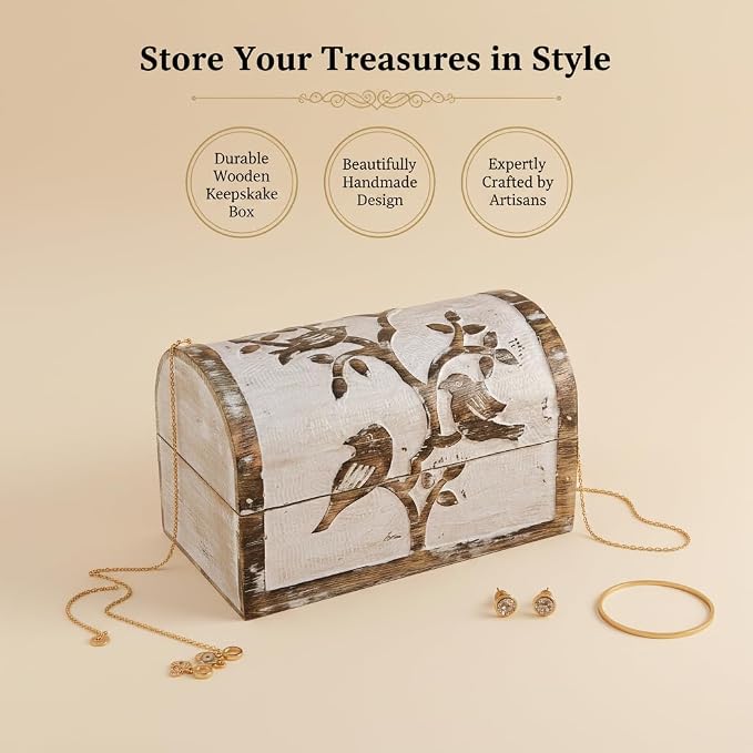 Premium Handmade Wooden Treasure Chest Decorative Trunk for Keepsakes Semicircular Curved Floral Jewellery Box Trinket Box Ladies Jewellery Storage Case Handcrafted Home Decor (Bird Design)