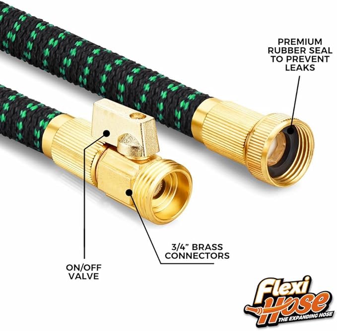 Flexi Hose with 8 Function Nozzle, 100FT - Lightweight Expandable Garden Hose, No-Kink Flexibility, 3/4 Inch Solid Brass Fittings and Double Latex Core - Green