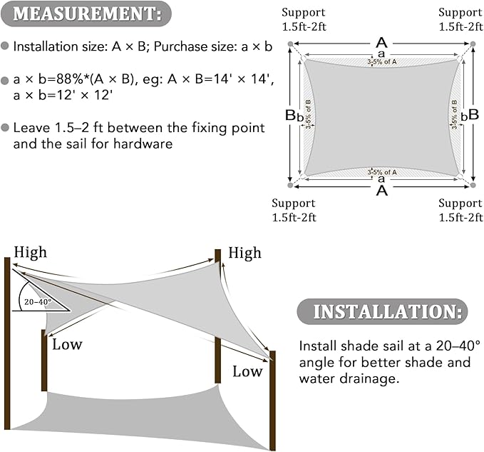 Shade&Beyond Custom 12'x14' Sun Shade Sail Canopy Rectangle UV Block Breathable Curved Sunshade for Backyard Yard Deck Outdoor Facility and Activities, Light Grey (We Make Custom Size)
