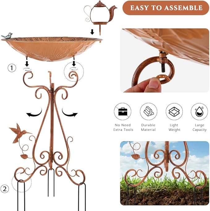 VEWOGARDEN Large Metal Bird Bath for Outside Garden Standing Birdbath with Feeder for Outdoors Yard Patio Lawn Decoration, Brown