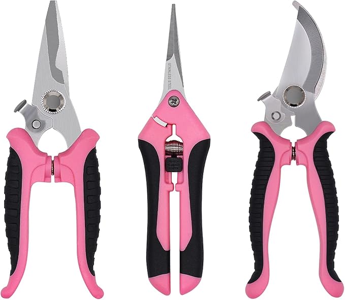 Pruning Shears Gardening Scissors Tools: 3pcs Outdoors&Indoor Garden Clippers, Rose Snips, Plant Clippers, Wood Pruner, Gardener Work Accessories for Flower Arrangement, Yard Landscaping (Pink)