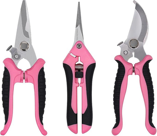 Pruning Shears Gardening Scissors Tools: 3pcs Outdoors&Indoor Garden Clippers, Rose Snips, Plant Clippers, Wood Pruner, Gardener Work Accessories for Flower Arrangement, Yard Landscaping (Pink)