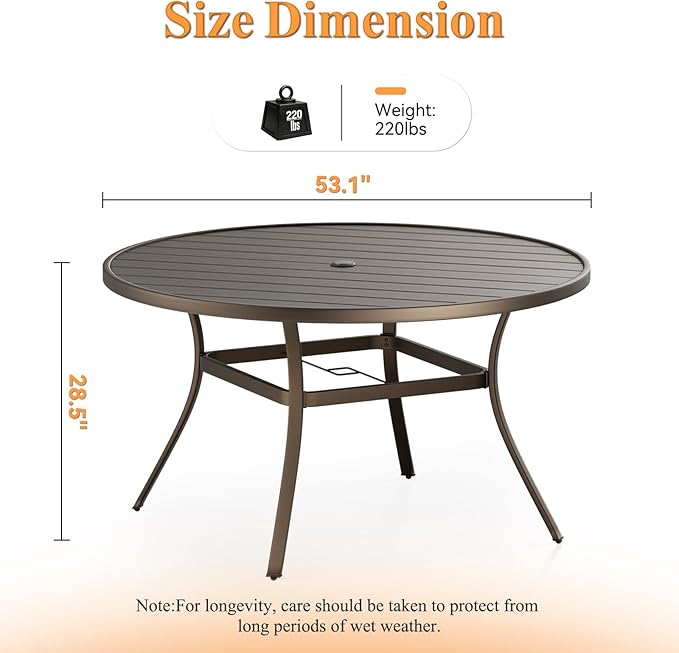 Round Outdoor Dining Table, Metal Round Patio Table for 8-Person with Adjustable Umbrella Hole, Weather-Resistant for Garden Backyard Porch