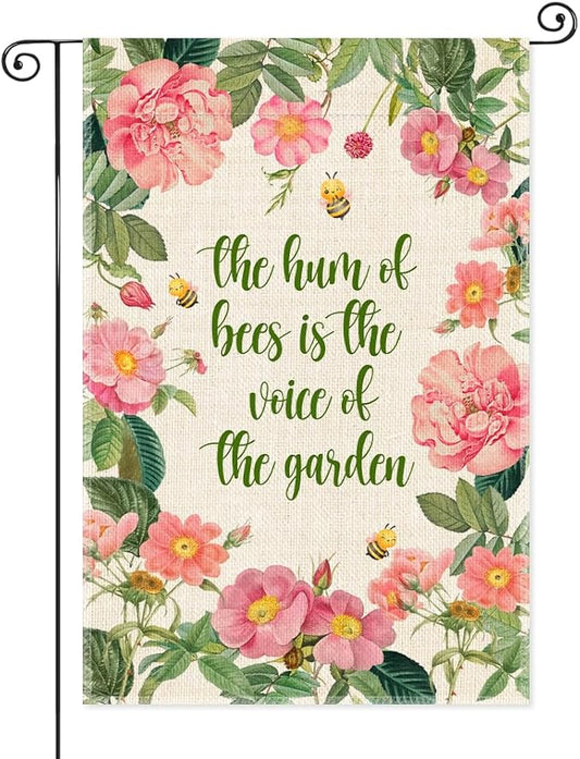 The Hum Of Bees Is The Voice Of The Garden Flags for Outside, Bees Friendly Garden Flag, Honey Bee Floral House Banner, National Pollinator Week Yard Sign Decor, Gardening Gifts for Bee Lover