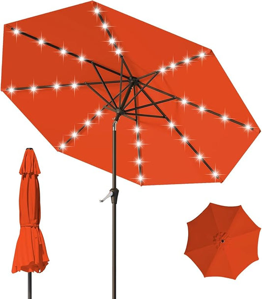 9FT Patio Umbrella with Solar Lights,Outdoor Market Umbrella with Tilt and Crank, LED Lighted Table Umbrella for Garden,Deck,Backyard,Pool,Beach