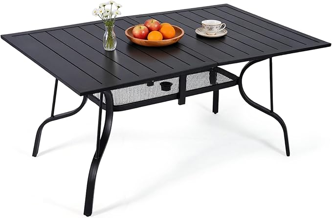 63"x38" Outdoor Dining Table for 6 Person, Metal Rectangle Patio Dining Table with Adjustable Umbrella Hole for Garden, Partitioned Storage Shelf, Backyard and Porch, Black