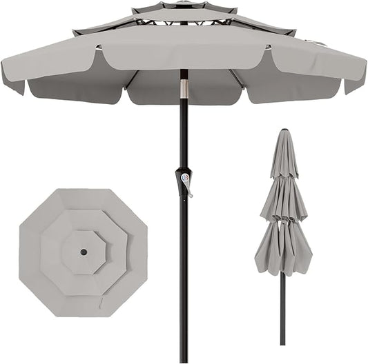 AreShark 9FT 3-Tiers Patio Umbrella with Valance, Outdoor Umbrellas with Crank/Tilt, Table Market Umbrella Vented w/ 8 Sturdy Ribs for Garden, Deck, Backyard, and Pool, Foggy Gray