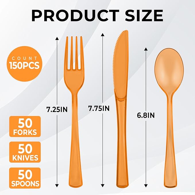 75 PCS Plastic Silverware Disposable Silverware Heavy Duty Utensil Sets 25 Of Each Forks Knives & Spoons Disposable Cutlery Set For Easter,Birthday,Baby Shower,Garden Party,Wedding(75,Orange)