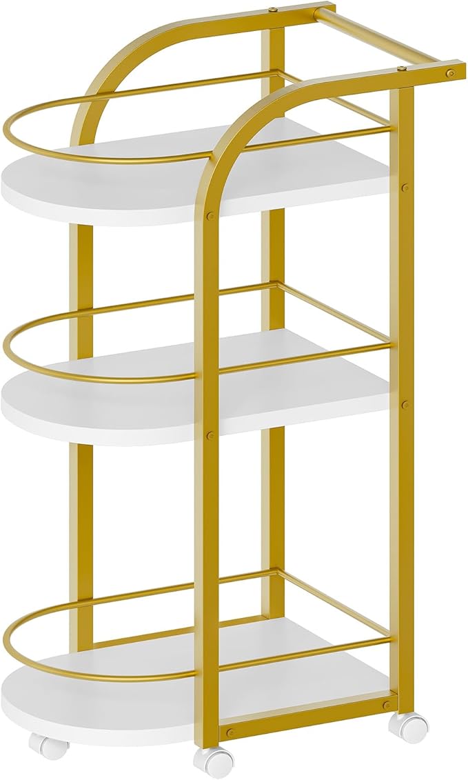 YATINEY 3-Tier Bar Cart, Home Bar Serving Cart with Fence and Wheels, for Dining Room, Living Room, Garden, Party, White and Gold BC06DW