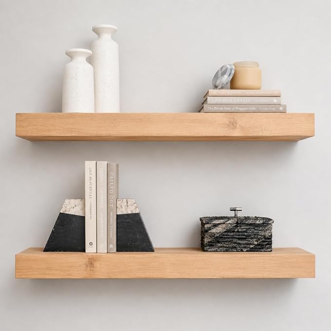 Urbandi Modern Floating Shelves 3 Inches Thick for Wall, Wide Shelves for Kitchen, Living Room, Bedroom, and Bathroom, Natural Pine Wood, Rustic Wooden Shelf, (Set of 2) (Aged Oak, 24Lx3Hx8D)