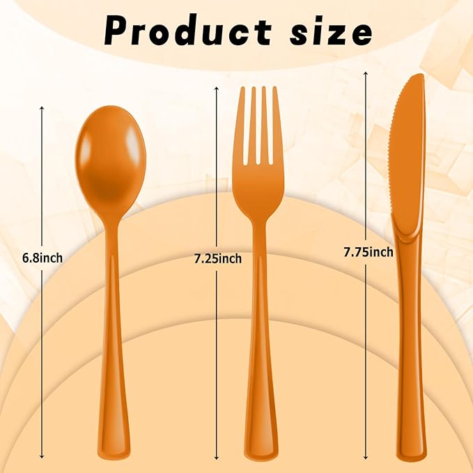 Plastic Silverware 300 PCS Disposable Silverware Heavy Duty Utensil Sets 100 Of Each Forks Knives & Spoons Disposable Cutlery Set For Easter,Birthday,Baby Shower,Garden Party,Wedding(300,Orange)