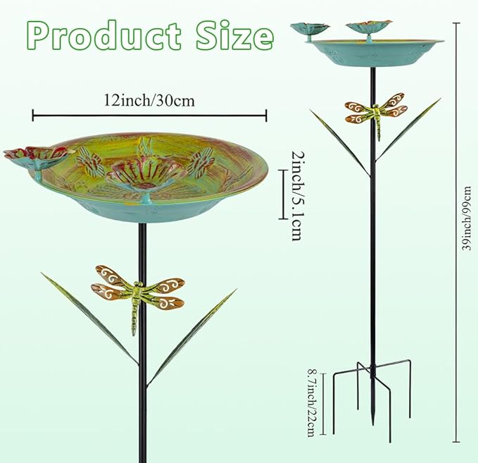DREAMSOUL 39" Tall Teal Bird Bath Stake with Dragonfly Stake, 12" Dia Birdbath with Lotus Feeders, Metal Bird Bath for Outside for Garden Yard Patio