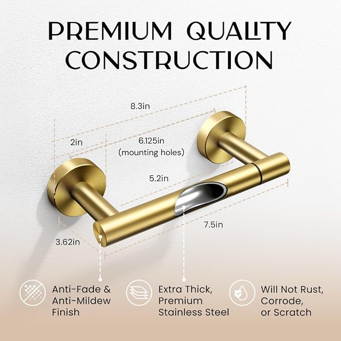 Day Moon™ Toilet Paper Holder Wall Mount, Modern Roll Holder for Bathroom, Stainless Steel Rustproof Double Post Pivoting Tissue Roll Holder for Bathroom, Classic, Gold