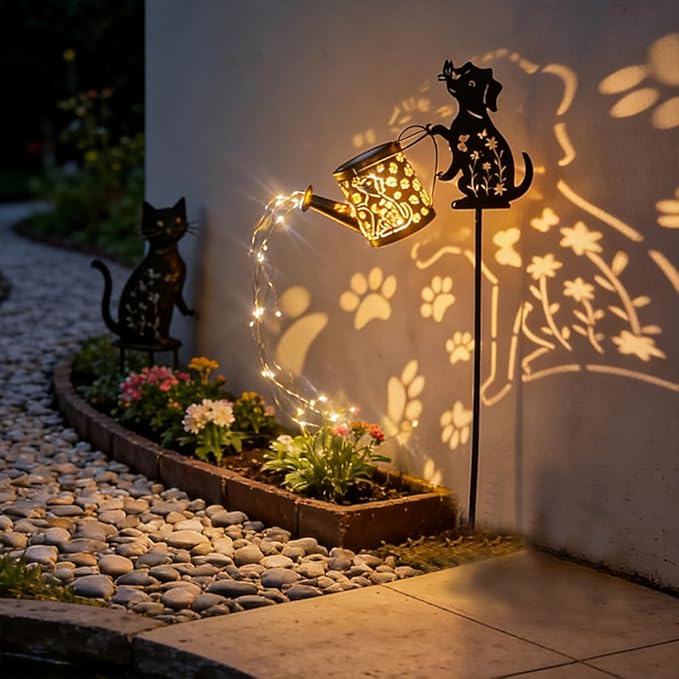 Outdoor Solar Dog Garden Decorative, 2 Pcs Solar Watering Can with Light, Featuring Metal Dog Statue Silhouette Stake, Day Gift for Women, for Outside Landscapes,Lawn, Garden Path Decoration