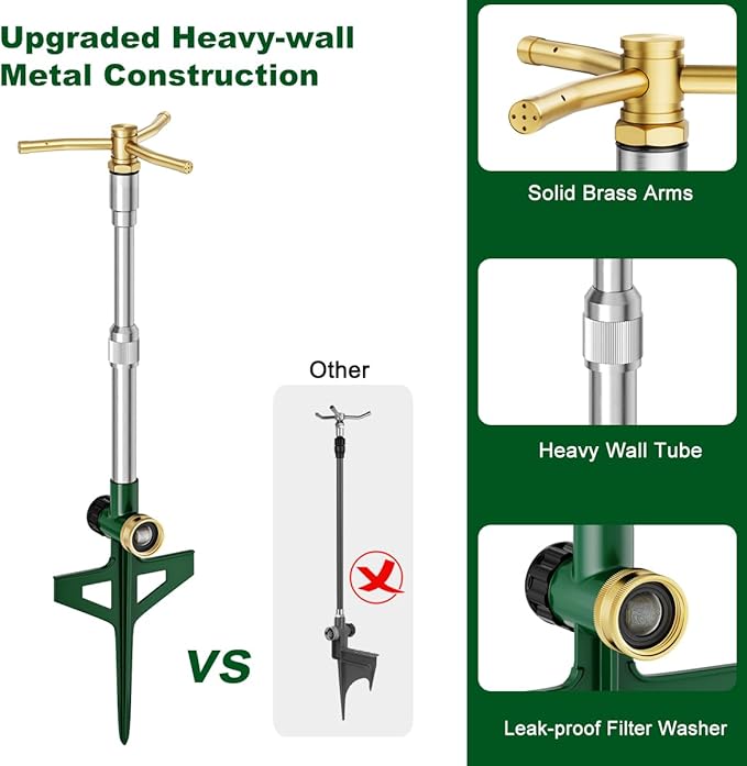 FANHAO 2 Pack Metal Lawn Sprinklers with Adjustable Telescoping Base, 3-Arm Water Sprinkler 360 Degree Rotation High-Rise Sprinkler for Large Area Coverage, Garden Watering Irrigation Sprinkler System