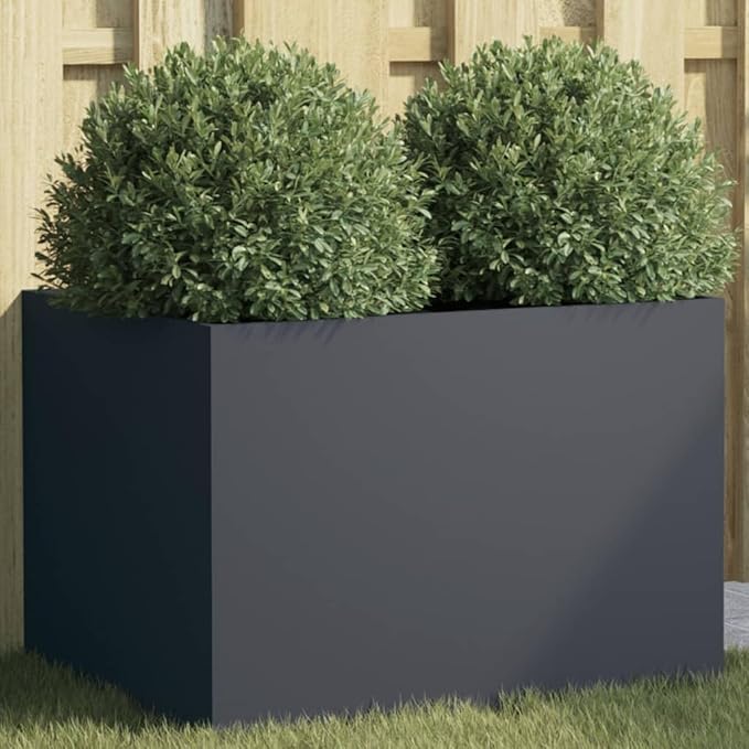 Anthracite Cold-Rolled Steel Planter with Decorative Inlays, 24.4 x 18.5 x 18.1 Inch Modern Rectangular Container for Outdoor Garden Balcony Patio, Durable Powder Coated