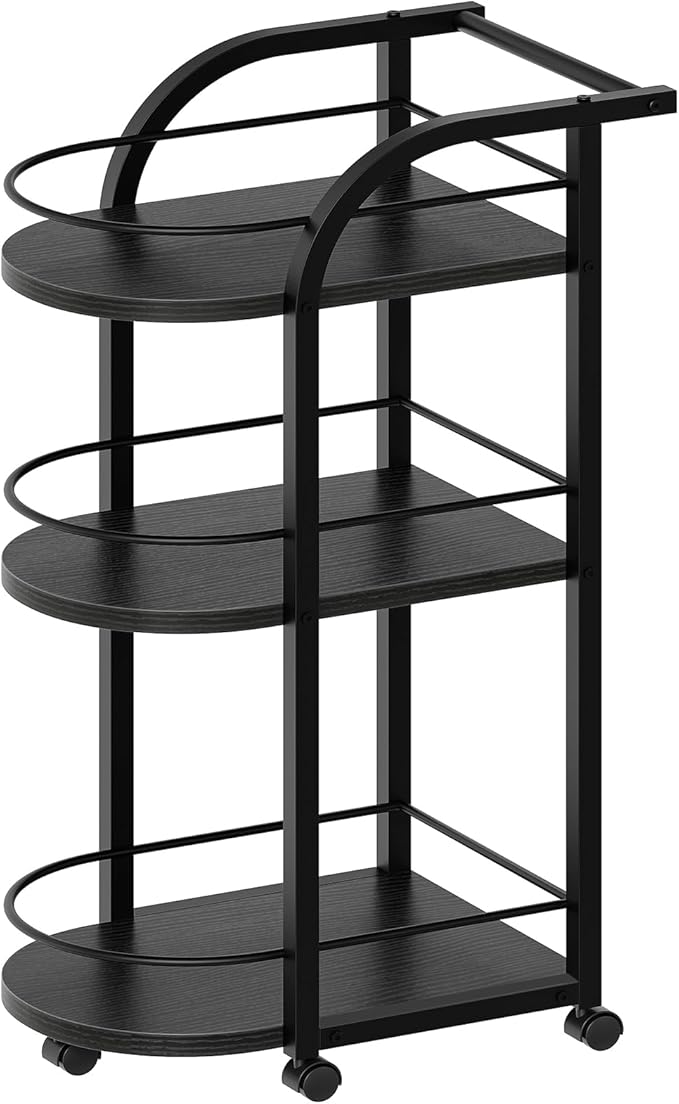 YATINEY 3-Tier Bar Cart, Home Bar Serving Cart with Fence and Wheels, for Dining Room, Living Room, Garden, Party, Black BC06BB
