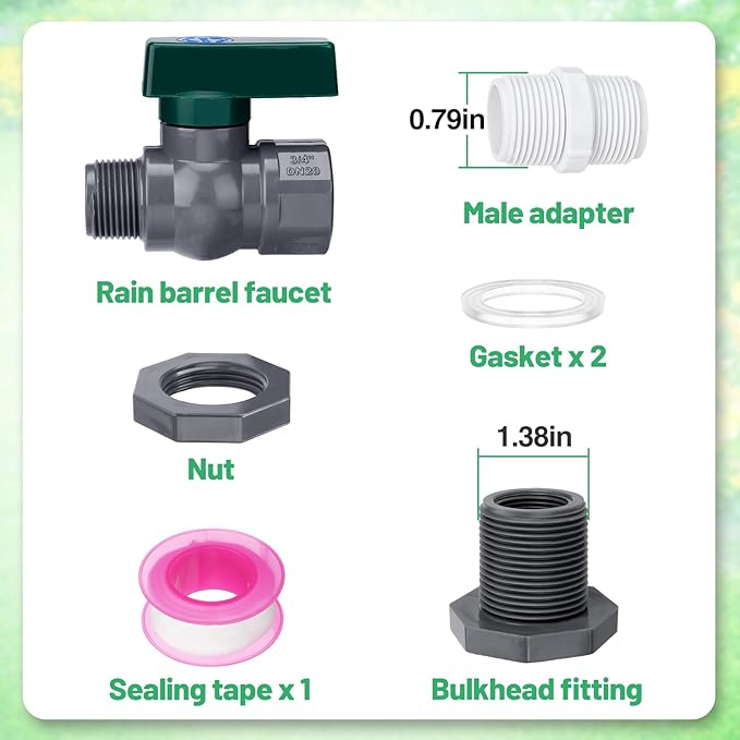 Easy Install Rain Barrel Spigot Kit - 3/4 Inch Rain Barrel Valve with Hose Faucet Adapter Thread Sealing Tape, Durable PVC Barrel Diverter Kit for Garden Barrels Water Tanks Aquariums