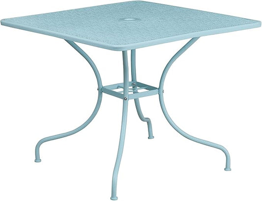 Flash Furniture Oia Commercial Grade 35.5" Square Sky Blue Indoor-Outdoor Steel Patio Table with Umbrella Hole