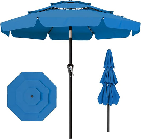 AreShark 10FT 3-Tiers Patio Umbrella with Valance, Outdoor Umbrellas with Crank/Tilt, Table Market Umbrella Vented w/ 8 Sturdy Ribs for Garden, Deck, Backyard, and Pool, Royal Blue