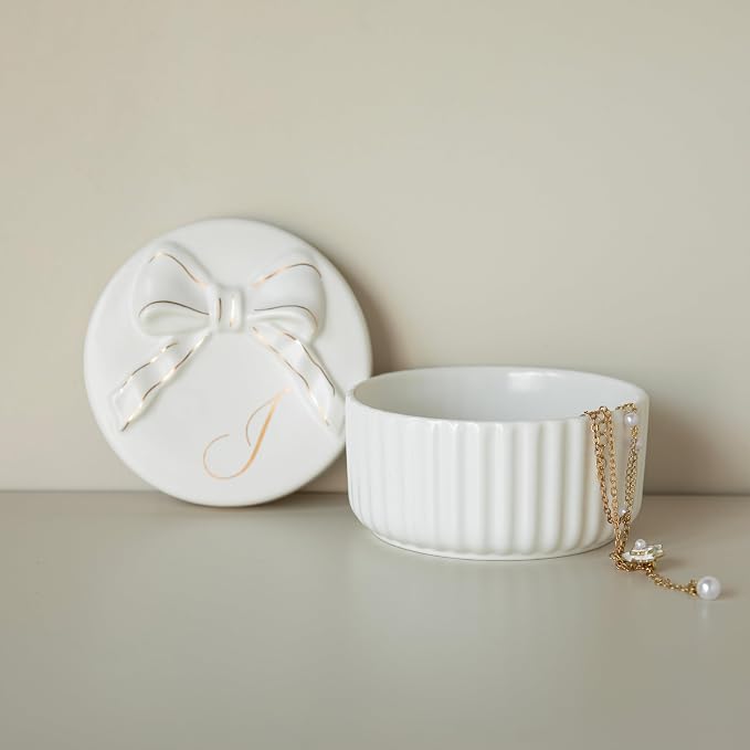 COLLECTIVE HOME Ceramic Jewelry Box with Bow, Nightstand Vanity Decor(I)