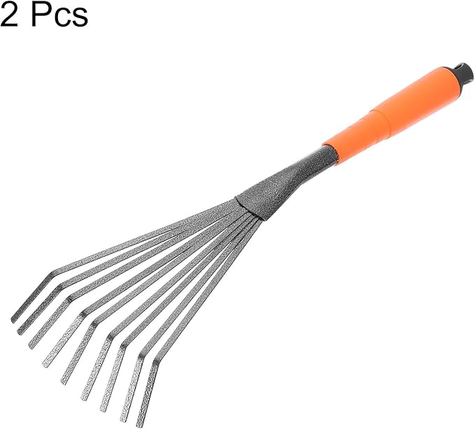 HARFINGTON Gardening Leaf Rake 15.63" 9 Root Small Soil Tiller Grass Rake with Ergonomic Handle for Sweep Leaves Gardening Cultivating Garden Yard Flower Beds
