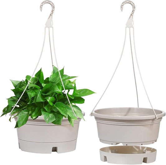 VIDELLY 12 Inch Large Hanging Planters for Indoor Plants,2 Pack Plastic Hanging Basket Pots with Drainage Trays & Chain Holders for Outdoor Indoor Plants Garden Balcony Decoration (Beige White)