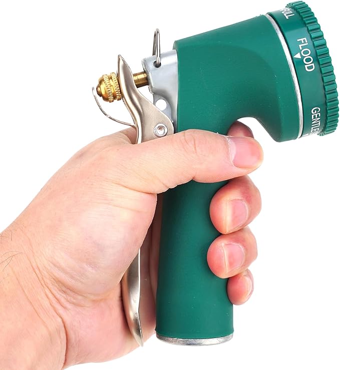 Garden Hose Nozzle, Heavy Duty Metal Spray Nozzle with Tie Rods Made of Brass, High Pressure Hose Nozzle with Non-Slip Grip Handle for Watering Garden, Washing Cars and Showering Pets (Green)
